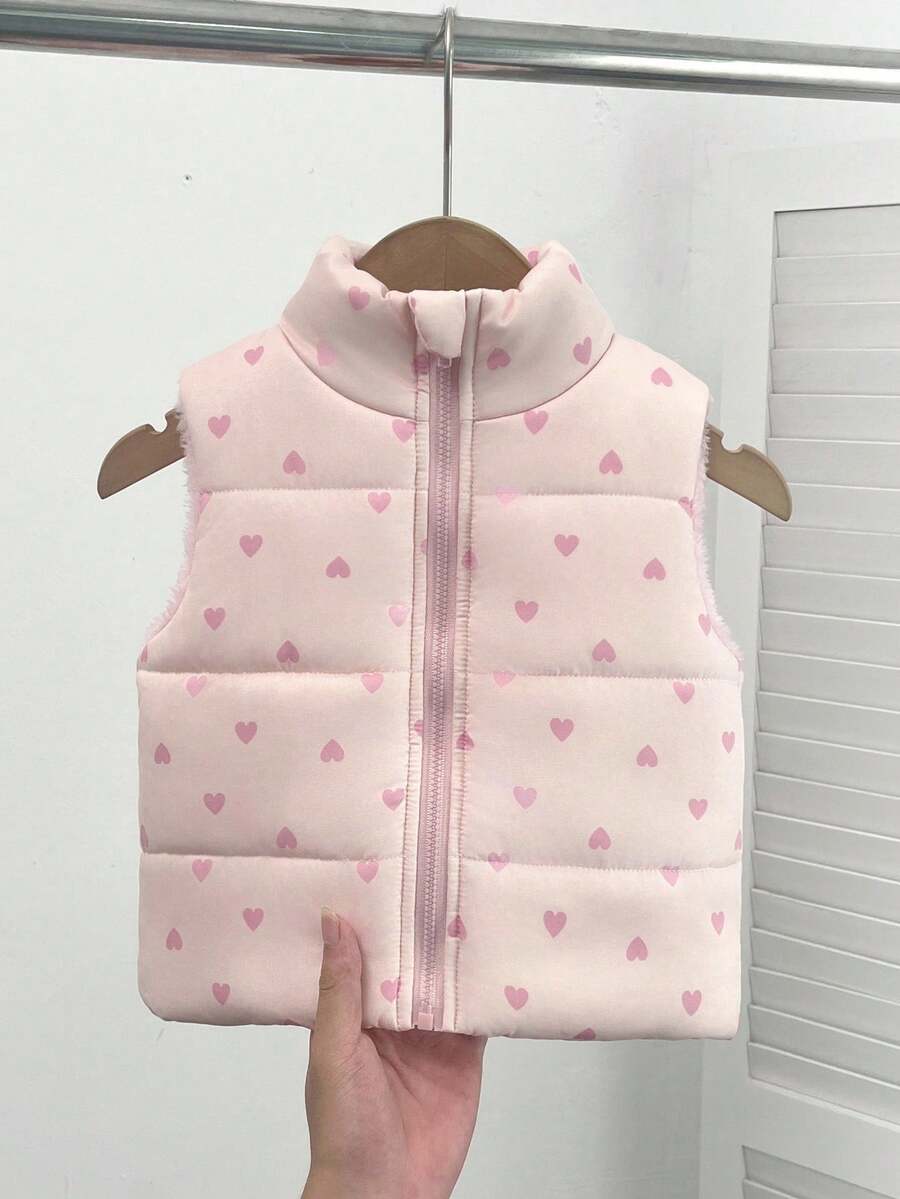 SHEIN Playful Pals 女婴心形印花拉链立领背心冬季夹克