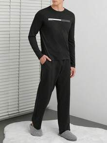 SHEIN Cottnline 男士两件套几何印花长袖上衣和裤子家居套装 - 黑色 - 查看 4