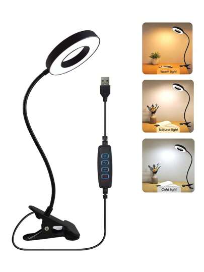 LED 护眼学生台灯 USB 供电，3 种颜色模式，亮度和灯臂可调，夹式台灯，适用于卧室、书房、阅读、办公室照明