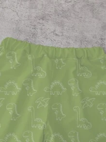 SHEIN 2 件套男婴休闲可爱卡通恐龙印花短袖 T 恤和短裤套装，可爱的日常穿着，适合春夏季