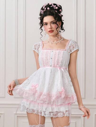 Kawaii T-shirt avec cou doux, nœud papillon et décorations en dentelle pour femmes