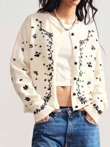 Bohemela 秋冬女士休闲时尚百搭刺绣纽扣前长袖毛衣 - 白色 - 查看 7