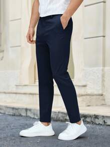 HIMLAND 男士素色斜口袋西裝褲 - 藏蓝色 - 查看 4