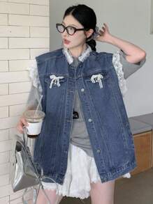 DAZY 水洗蓝色撞色蕾丝袖口荷叶边下摆蝴蝶结饰边无袖牛仔上衣 - 中等水洗藍 - 查看 3