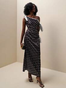 Zolique Damen Sommer Mode Polka Dot Muster asymmetrischer Ausschnitt Spaltkleid - Schwarz und Weiss - Übersicht 7