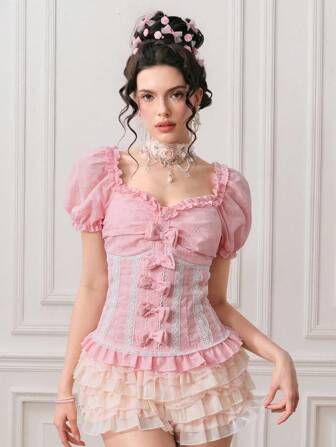 ROMWE EDITION Chemisier à manches bouffantes en dentelle, patchwork, nœud papillon, en tissu brodé à l'œillet de style rétro Cottagecore pour femmes