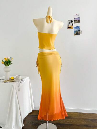 Soleia Boho Tropical Orange And Yellow Mesh Crop Top And Pleated Skirt 2-Piece Set,Elegant Strapless Summer Holiday Vacation Holiday Beach Wedding Graduation