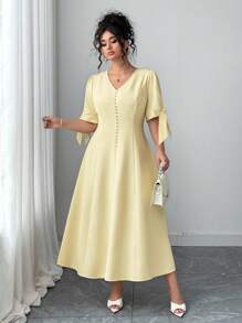 Elenzga Elegantes Kleid in Große Größen für Damen mit einfarbigem Kurzarm V-Ausschnitt und Schleife - Gelb - Übersicht 5