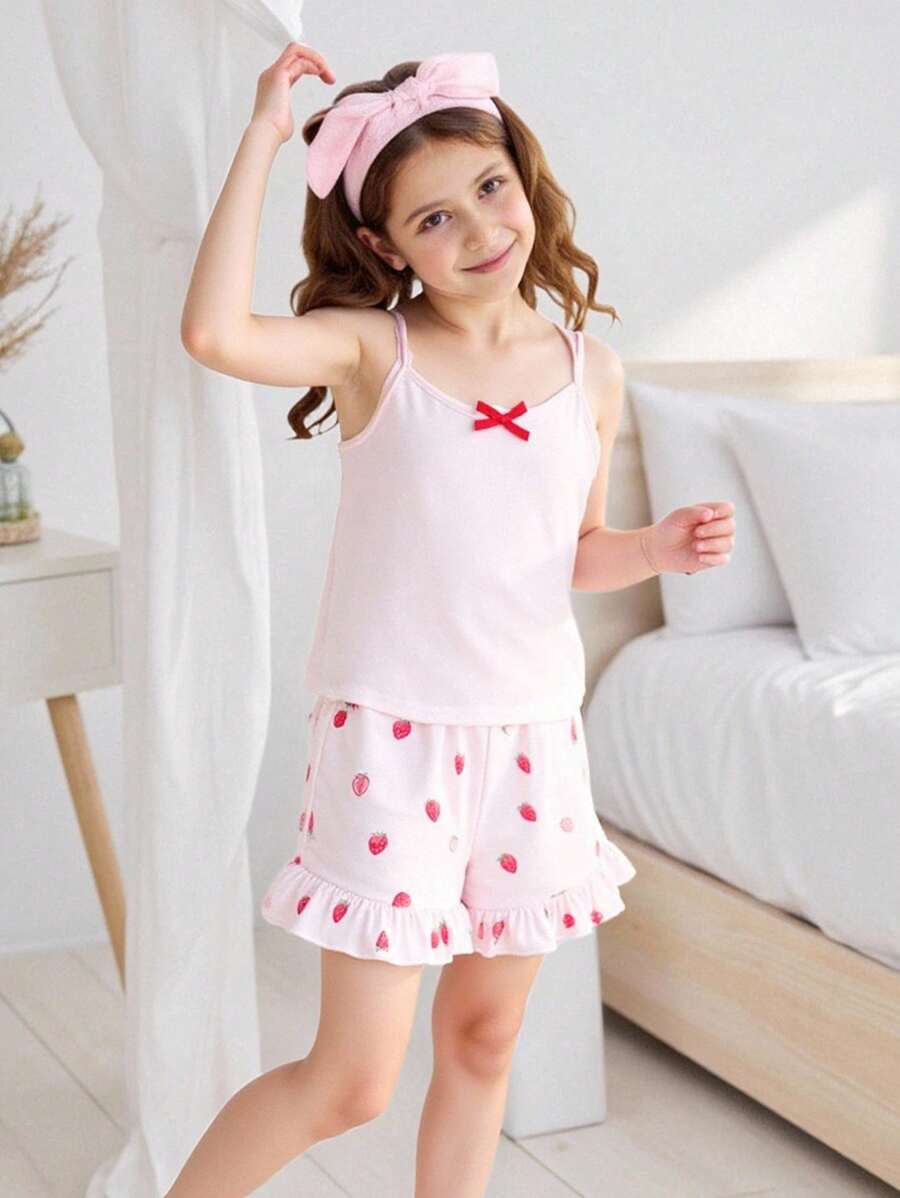 青少年女孩夏季睡衣套装，薄粉色纯色甜美修身背心，草莓印花荷叶边短裤两件套家居服 - 粉色 - 查看 1