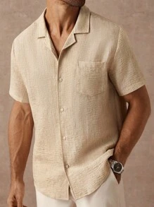 Manfinity Homme Men's Tan Faux Linen Summer Casual Vacation Holiday Shirt,Textured Short-Sleeved Cuban Antique Collar Button Cardigan,Champagne Dual-Color Shirts - Khaki - View 1