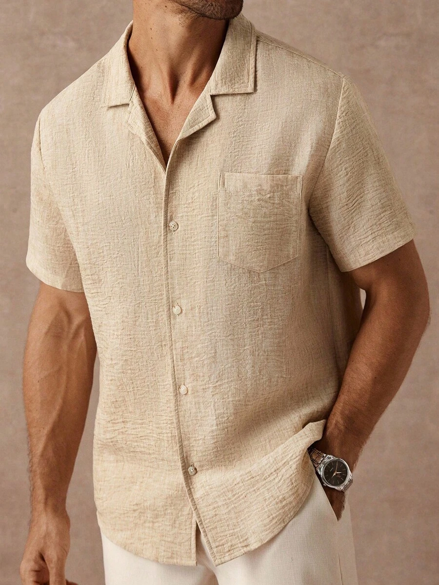 Manfinity Homme Men's Tan Faux Linen Summer Casual Vacation Holiday Shirt,Textured Short-Sleeved Cuban Antique Collar Button Cardigan,Champagne Dual-Color Shirts - Khaki - View 1