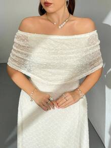 Firerie Váy chữ A trễ vai xòe xẻ tà thanh lịch cỡ lớn dành cho nữ, vải co giãn, họa tiết khi đi làm, mùa hè - Màu be - Xem 2