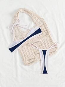 Swim SXY 2件套女士性感撞色荷叶边吊带可拆卸肩带丁字裤比基尼套装 - 藍白色 - 查看 2