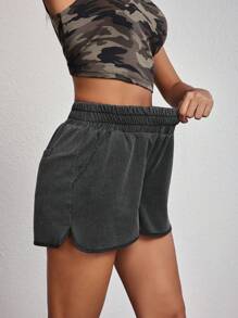SHEIN Essnce Short vaquero de cintura elástica casual de verano para mujer con bolsillo diagonal - Azul - Ver 6