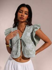 SHEIN Forever 21 Spring New Arrival Cap Sleeve Embroidered Vacation Beachwear Tank Top For Women - Green - View 3