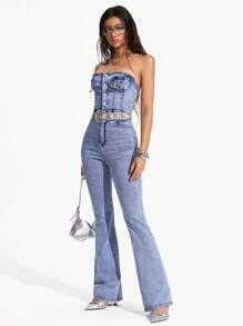 Jeanoix 女式弹力牛仔喇叭裤连体裤 - 中等水洗藍 - 查看 4