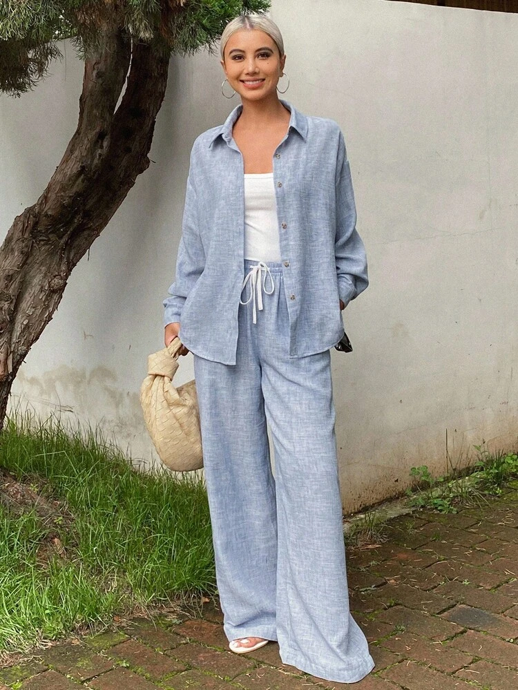 2pcs Women Casual Solid Drop Shoulder Long Sleeve Shirt And Pants Set Lounge Sets For Women Vacation Outfits Women