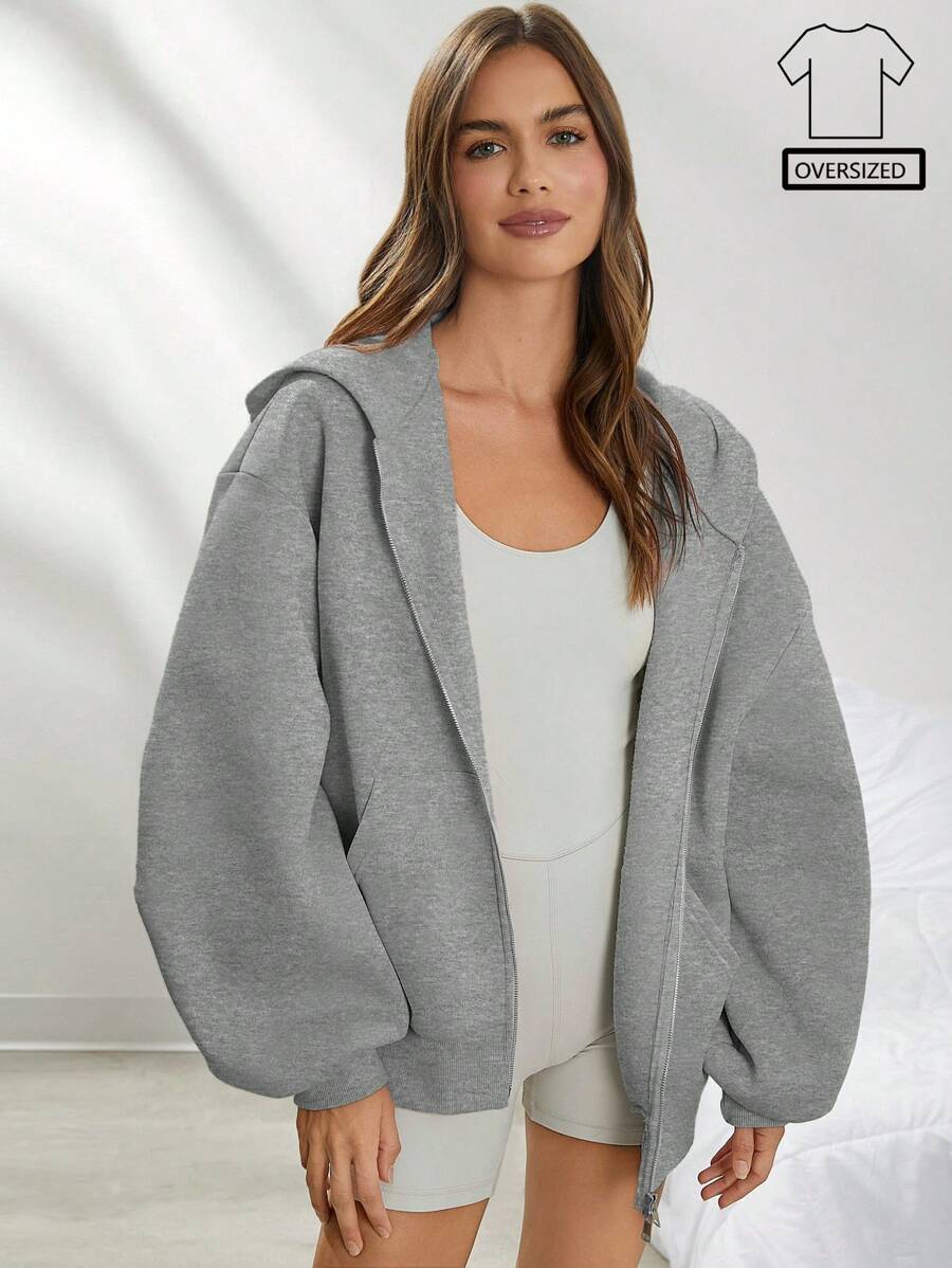 WESTFADE Áo hoodie dài tay có khóa kéo cỡ lớn mùa hè bằng vải nỉ - Xám - Xem 1