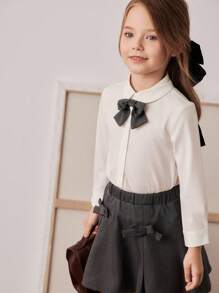 PrepCrw Conjunto de blusa de manga larga con moño y falda plisada para niñas de estilo colegial