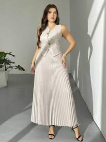 Firerie Bộ đồ hai mảnh thanh lịch dành cho nữ cỡ lớn hiệu "Prive" với chân váy xếp ly bất đối xứng cài cúc kim loại và áo vest kiểu Pháp, màu kaki, phù hợp cho công sở, trang phục thường ngày, váy dự tiệc sinh nhật, trang phục mùa hè. - Màu Khaki - Xem 7