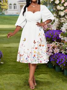 SHEIN Lady 春夏优雅通勤办公室通勤休闲波西米亚风休闲外出彩色编织甜心舞会礼服喇叭飘逸主教袖合身腰部中长七分袖大码连衣裙 - 彩色 - 查看 5