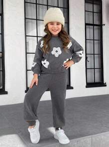 LMoss Kids 2pcs White Crochet Floral Pattern Sweater Top And Pants Knit Set For Young Girl, Warm And Comfortable Fall Clothes,Great For Casual & Daily Wear & School Daily In Autumn & Winter, For Christmas, Girls Winter Clothes,Christmas Clothes, Party Wear, Daily Wear School Daily, Birthday Clothes, Princess Clothes,Mom And Daughter & Sisters Matching,
