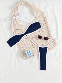 Swim SXY 2件套女士性感撞色荷叶边吊带可拆卸肩带丁字裤比基尼套装 - 藍白色 - 查看 4