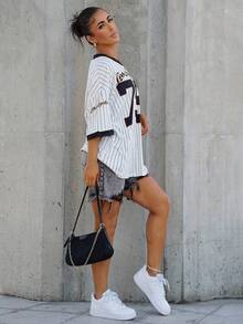 SAYEHFBABY Women's Sporty Letter & Numeric Print Striped Raglan Loose Ringer T-Shirt, Summer Graphic Tees Women Tops - Multicolor - View 5