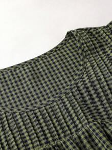 大码女式格子圆领褶皱盖袖衬衫 + 松紧腰阔腿裤两件套休闲套装，春夏 - 軍綠色 - 查看 5