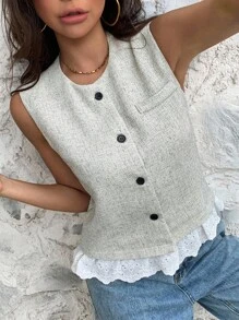 Livesso 女士圆领无袖蕾丝拼接背心，夏季女装外套，秋季女装大衣 - 杏色 - 查看 1