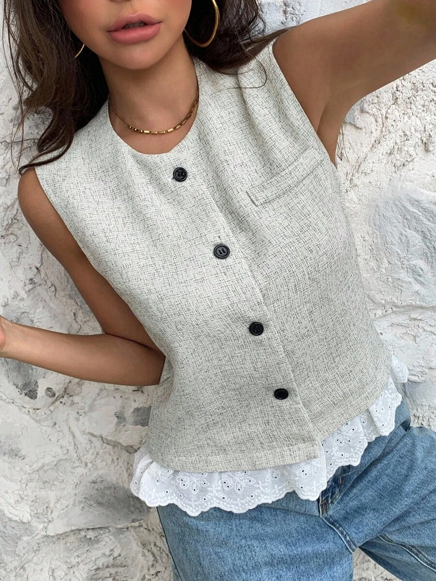 Livesso 女士圆领无袖蕾丝拼接背心，夏季女装外套，秋季女装大衣 - 杏色 - 查看 1