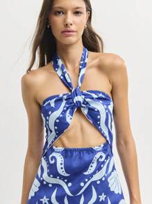 Nöista Vestido corto de cuello halter con estampados inspirados en el mar, corte delantero y detalle de lazo. ¡Un look destacado para el 4 de julio perfecto para fiestas en la playa y escapadas junto al océano!