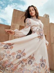 Anewsta 女士优雅长袖花卉印花连衣裙，秋冬季派对礼服 - 杏色 - 查看 2