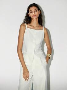 Lumivelle 女士亚麻吊带背心，方领，正面纽扣，弧形下摆，夏季 - 白色 - 查看 6