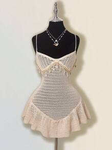 SHEIN ICON 女式夏季镂空钩针贝壳装饰荷叶边下摆吊带裙