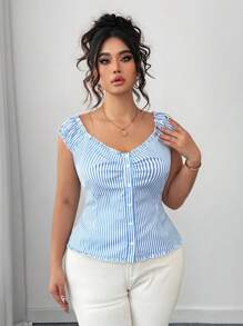 Elenzga 大码女式休闲条纹衬衫，搭配优雅的法式荷叶边 - 藍白色 - 查看 3