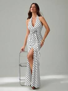 SHEIN Tall 全新优雅厚重手工扭花 3D 花卉装饰性感深 V 领露背收腰美人鱼红色鸡尾酒礼服，适合约会之夜，波尔卡圆点礼服 - 黑與白 - 查看 6