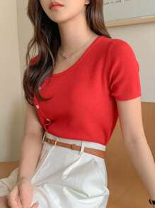 DAZY Women's Solid Color Asymmetric Neck Button Design Casual Knit Top, Short Sleeve - Red - View 9