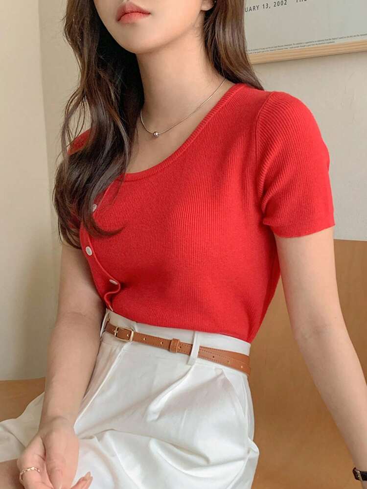 Women's Solid Color Asymmetric Neck Button Design Casual Knit Top, Short Sleeve