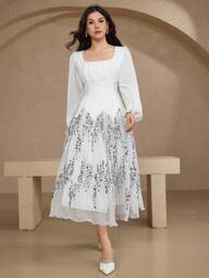 DAZY Vestido Médio Elegante Feminino de Colarinho Quadrado, Manga Bufante, Recortes, Primavera, Convidado de Casamento, Vestido de Manga Longa, Vestido de Festa de Formatura de Luxo