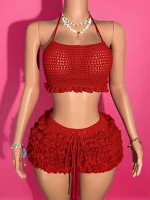 Slaydiva 2 件套 2025 春夏新款度假风格手工编织紫红色细肩带短款上衣和多层荷叶边针织迷你短裤套装，适合音乐节、复活节、毕业典礼、学生装、休闲郊游、多功能、度假、邮轮旅行、海滩、影响者、性感 Y2K 风格 - 紅色 - 查看 6