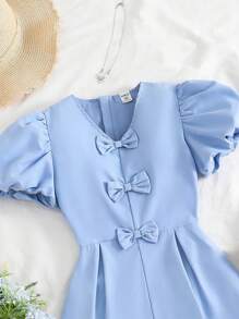 SHEIN Tween Girl 3D Bow Accent Puff Sleeve Romper - Blue - View 6