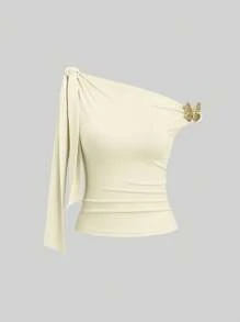 Sweetra Women's Asymmetrical Shoulder Bowknot Butterfly Blouse - Yellow - View 1
