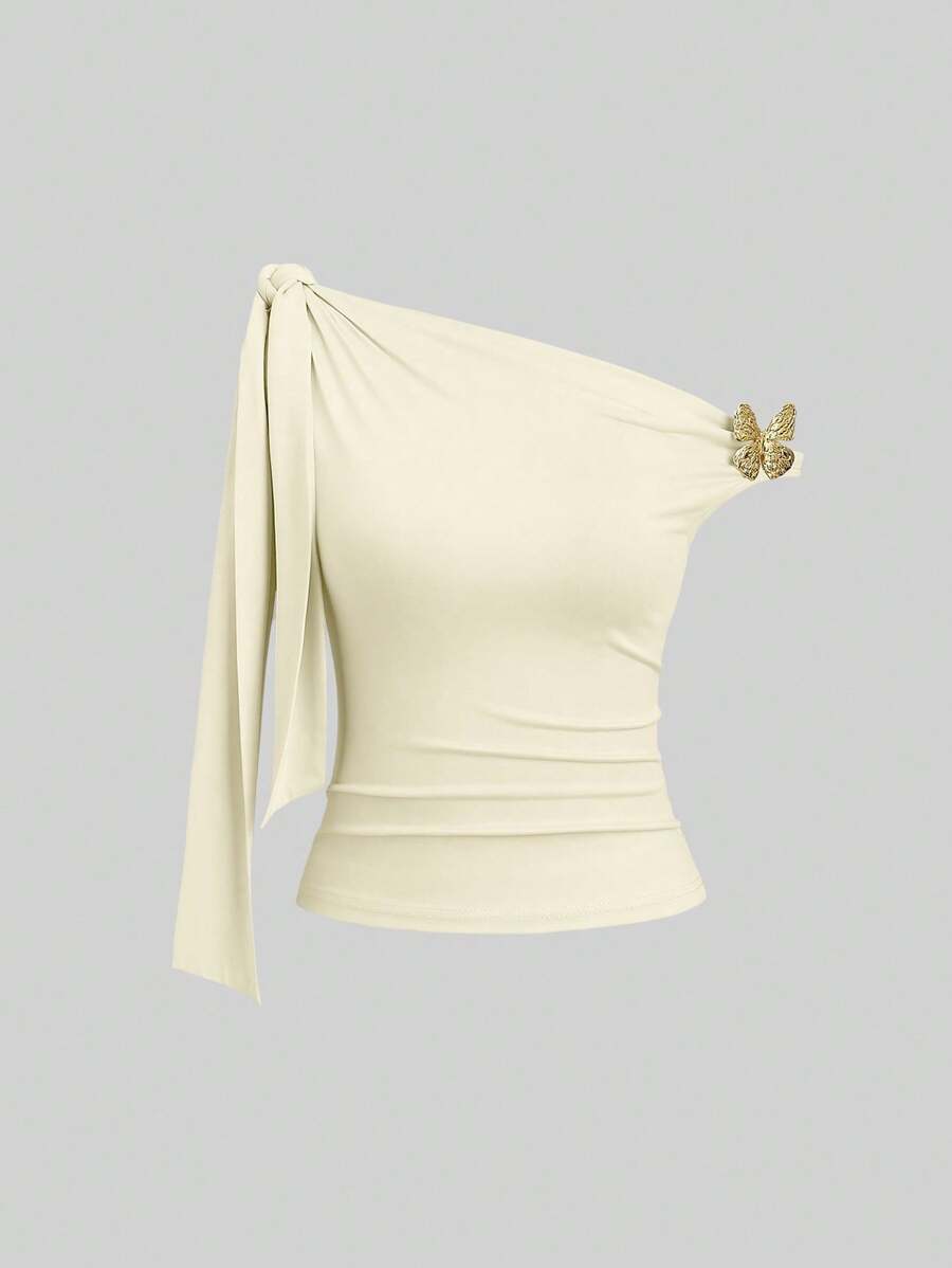 Sweetra Women's Asymmetrical Shoulder Bowknot Butterfly Blouse - Yellow - View 1