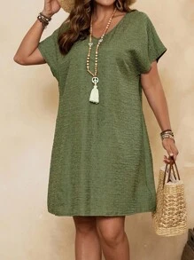 EMERY ROSE Plus Size V-Neck Raglan Sleeve Texture Midi Dress To Cover Belly,Plus Size Women Clothes,Gifts For Mother,Bohemian Clothes,Fall Women Clothes ,Summer Holiday,Vacation Outfits Women,Simple And Fashionable For Everyday Wear,Gifts For Mother,Bohemian Clothes,Going Out Outfits,Easter Dress Women Vacation Outfits Women - Green - View 4