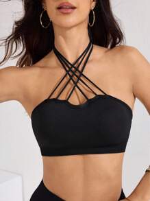 Easithlete 1pc Moisture-Wicking Fabric Sports Bra With Criss-Cross Straps, Black Base Bra For Yoga/Workout