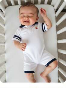 Baby Bear Color Block Polo Collar Short Sleeve Romper With Shorts