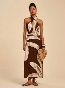 Travachic 女士花卉印花露背连衣裙，度假休闲风格 - 棕色 - 查看 6