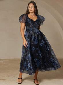 Aveloria 蓝色夏季优雅女士长裙，随机精致法式甜心领口欧根纱渐变色花卉印花透明泡泡袖 A 字型束腰加大码 - 彩色 - 查看 7