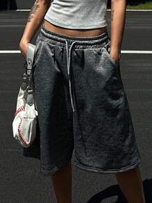 DAZY Women's Casual Loose Drawstring Waist Wide Leg Shorts Sweater Shorts - Grey - View 6